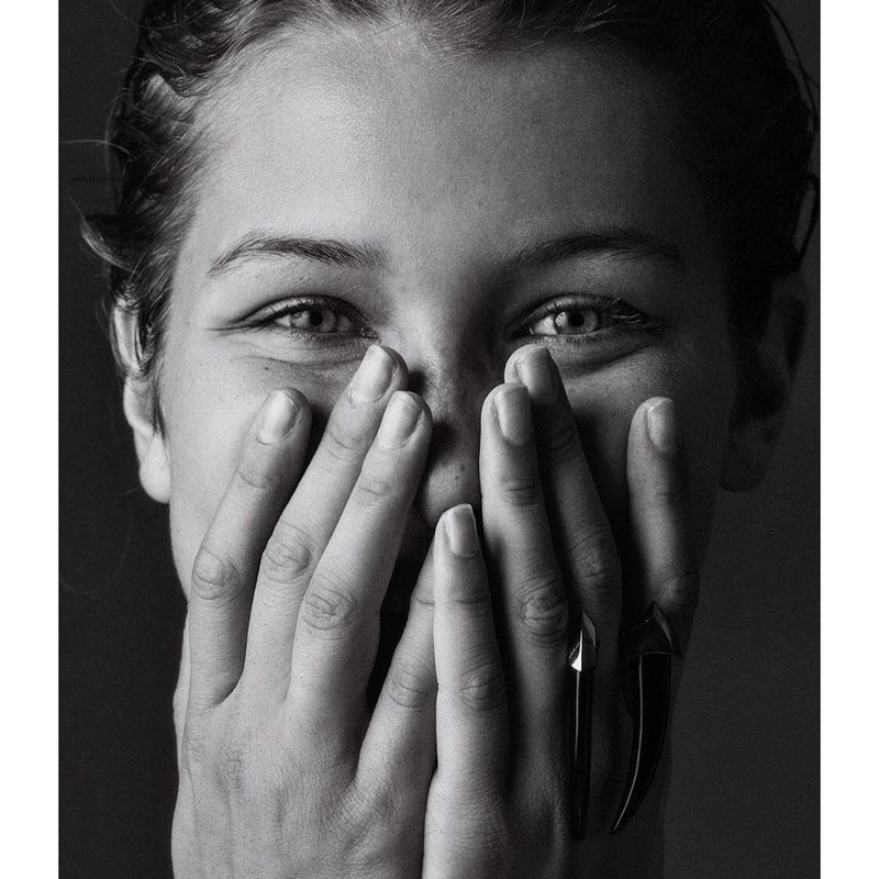 Bella Hadid wears the Damian Ring by Diaboli Kill Jewelry 