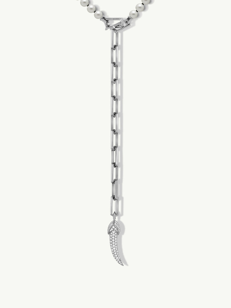 Damian Horn Talisman Pearl Necklace With Pavé-Set Brilliant Diamonds In 18K White Gold