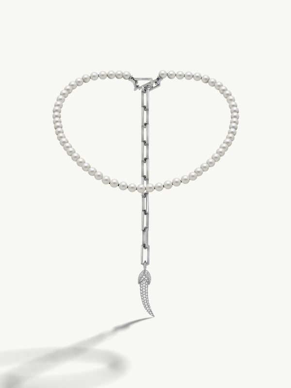 Damian Horn Talisman Pearl Necklace With Pavé-Set Brilliant Diamonds In 18K White Gold