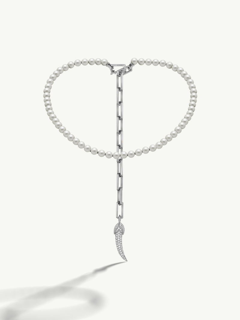 Damian Horn Talisman Pearl Necklace With Pavé-Set Brilliant Diamonds In 18K White Gold