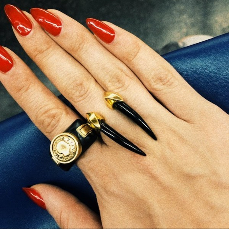 Mini Damian Black Onyx Horn Talisman Ring In Platinum