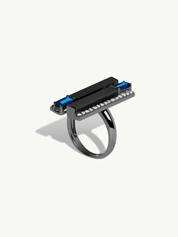 Invidia Black Onyx Column Ring With Baguette-Cut Blue Sapphires & Pavé-Set White Diamonds Ring In 18K Blackened Gold