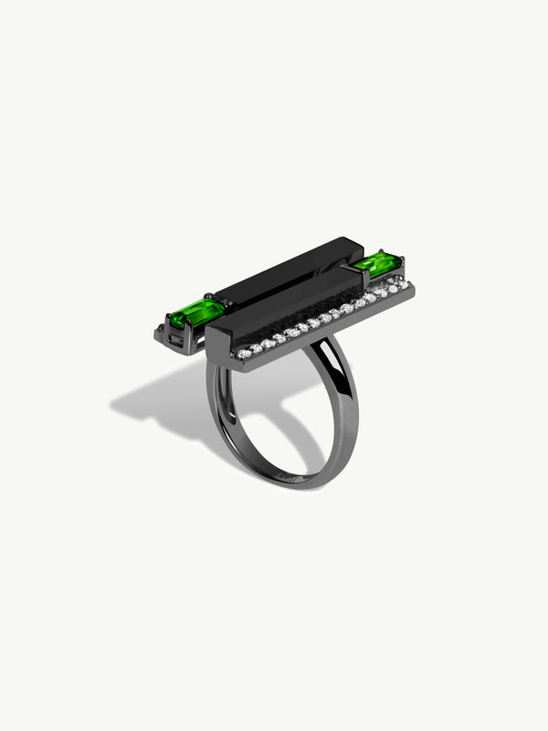 Invidia Black Onyx Column Ring With Chrome Diopside & Pavé White Diamonds In 18K Blackened Gold