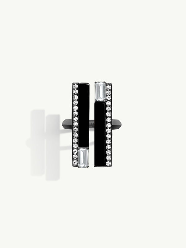 Invidia Black Onyx Column Ring With Baguette-Cut White Diamonds & Pavé-Set Diamonds In 18K Blackened Gold