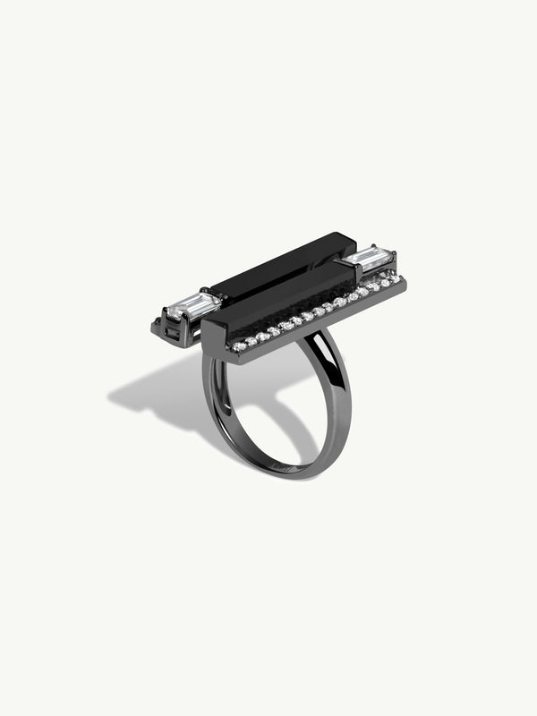 Invidia Black Onyx Column Ring With Baguette-Cut White Diamonds & Pavé-Set Diamonds In 18K Blackened Gold