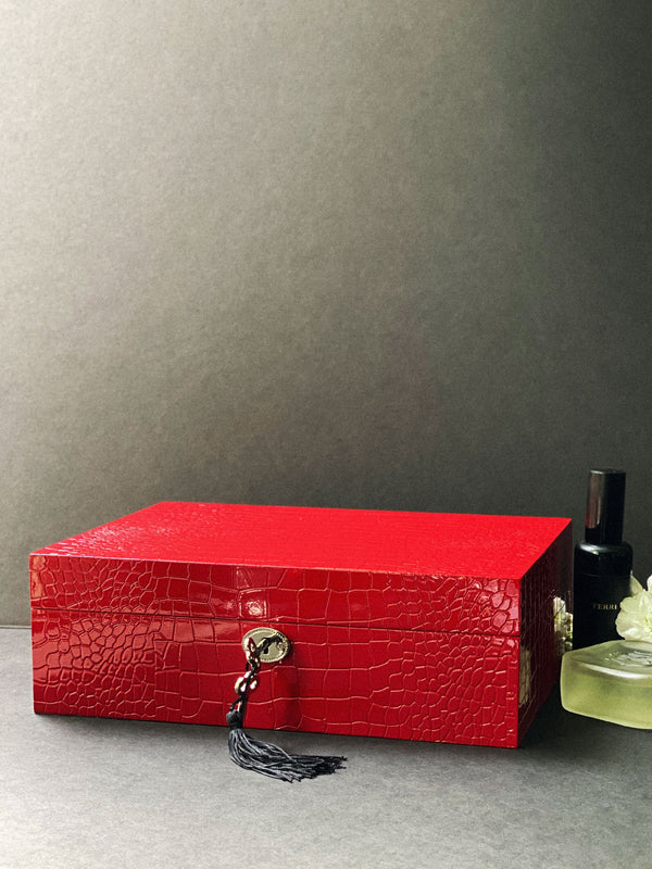 Red Crocodile-Textured Leather Jewelry Box