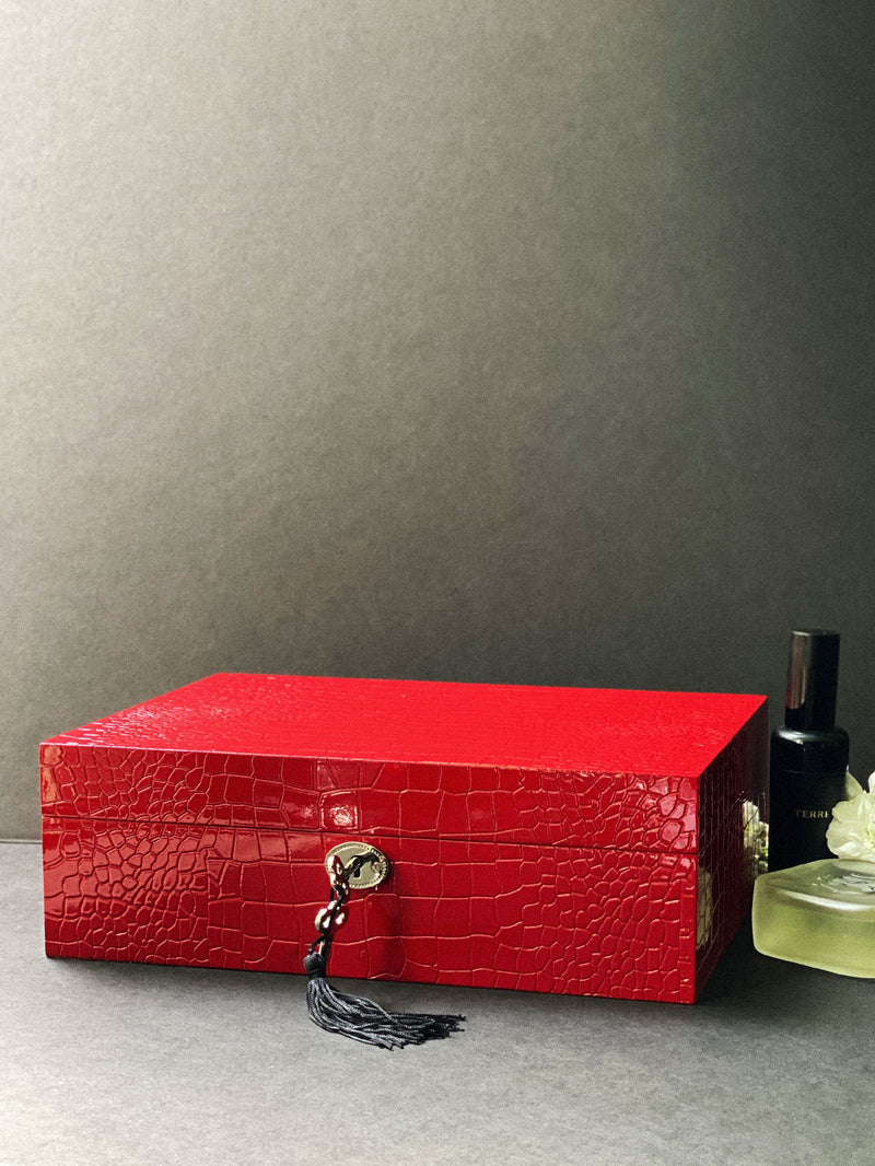 Red Crocodile-Textured Leather Jewelry Box