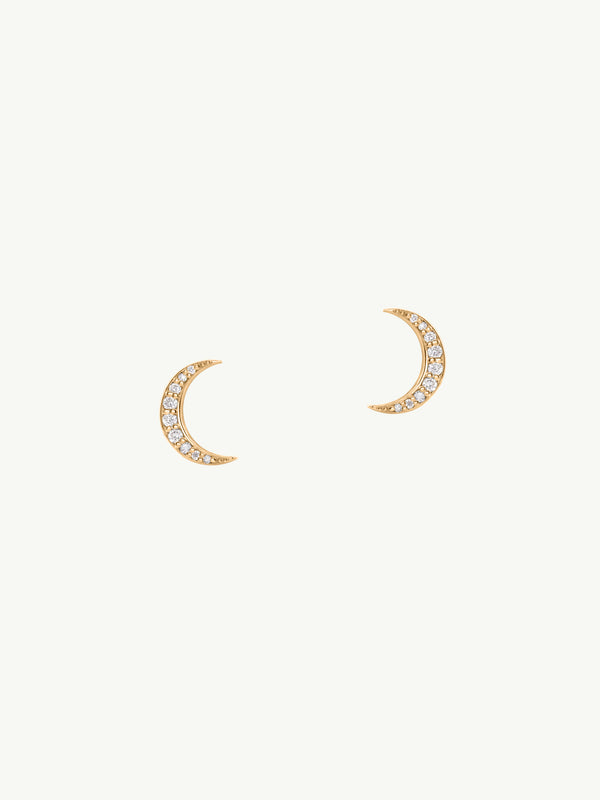 Celestial Moonbeam Stud Earrings With Pavé-Set White Diamonds, 0.10 CTW