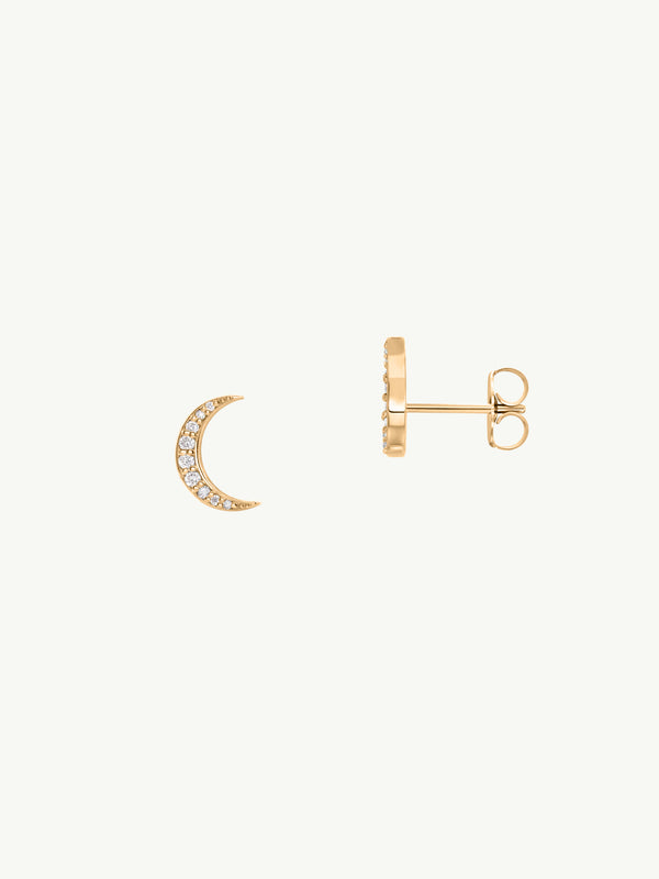 Celestial Moonbeam Stud Earrings With Pavé-Set White Diamonds, 0.10 CTW