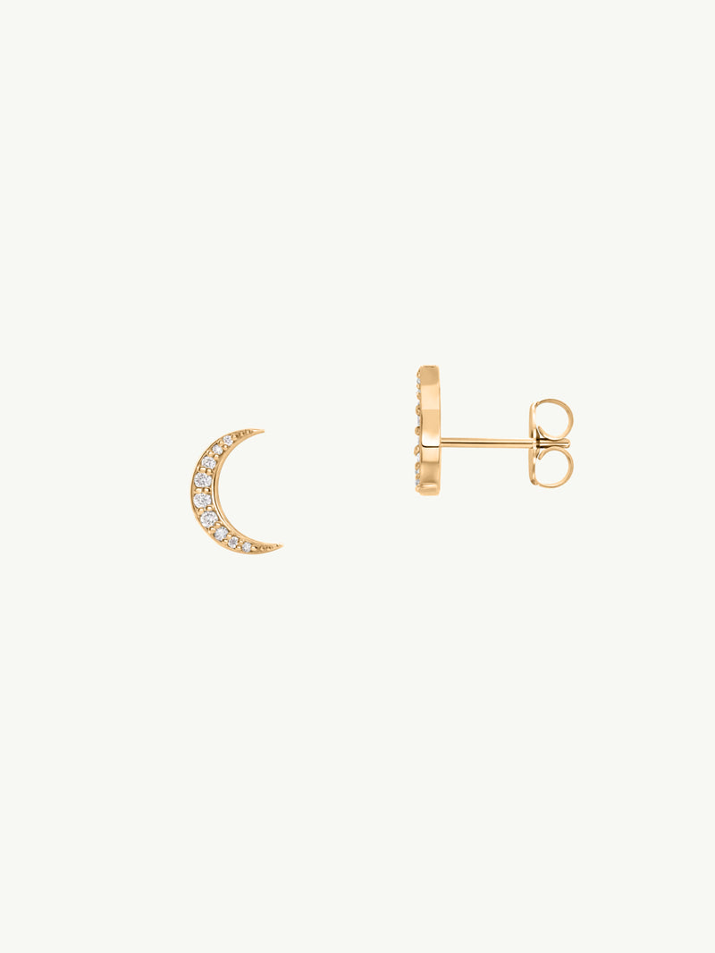 Celestial Moonbeam Stud Earrings With Pavé-Set White Diamonds, 0.10 CTW