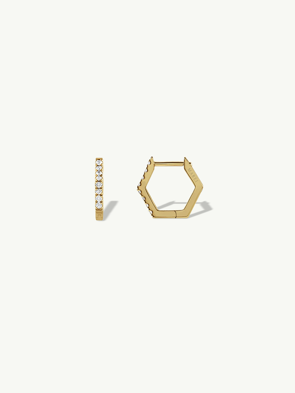 Hexagon Pavé White Diamond Earrings In 18K Yellow Gold, 0.20 CTW